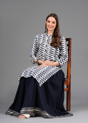 JFT Jaipur Fabtex Women Printed Straight Kurta(Dark Blue, White)