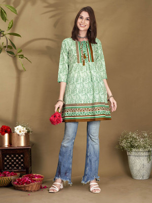 SZN Women Printed Straight Kurta(Light Green)