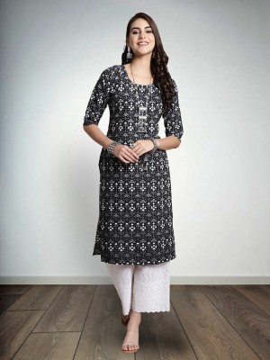 1 Stop Fashion Women Printed Straight Kurta(Black, Grey, White)