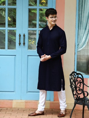 Sanwara Men Chikan Embroidery Flared Kurta(Dark Blue)