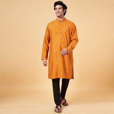 Indus Route by Pantaloons Men Self Design A-line Kurta(Yellow)