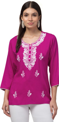 OMAYA Casual Embroidered Women Pink Top