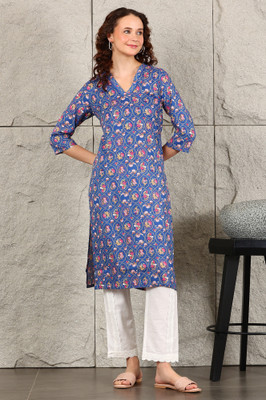 W Women Floral Print Straight Kurta(Blue)