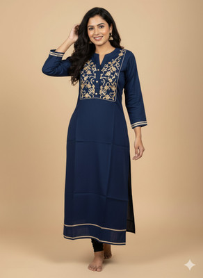 ZODO Women Embroidered, Solid A-line Kurta(Blue)
