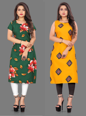Modli 20 Fashion Women Printed Straight Kurta(Green, Yellow)