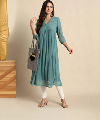 Janasya Women Woven Design Flared Kurta(Green)