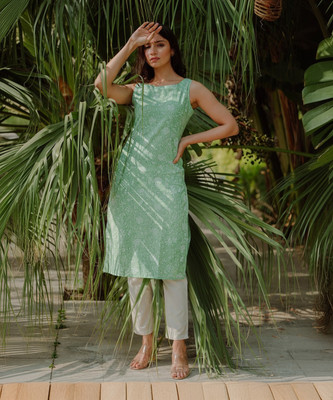 PHYSIL Women Printed Straight Kurta(Green)