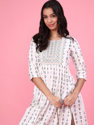 V-MART Women Printed A-line Kurta(White)