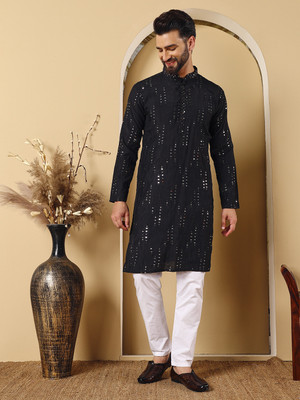CHIRASVI Men Embellished Straight Kurta(Black)