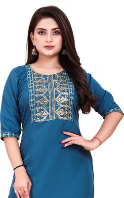 KNG TEXTILE Women Embroidered Straight Kurta(Blue)