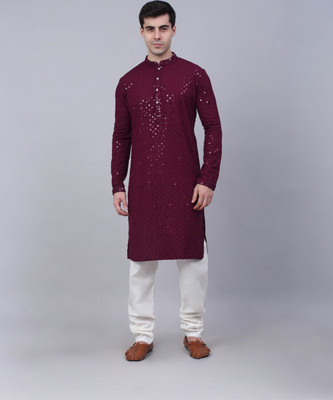 ZEDIN Men Embroidered Straight Kurta(Maroon)