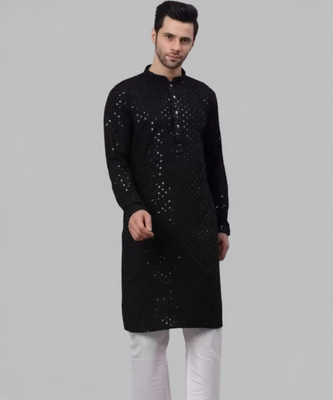 Shree Dutt Creation Men Embellished Straight Kurta(Black)