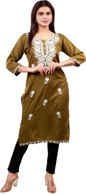 GDGarments Women Chikan Embroidery Straight Kurta(Brown)