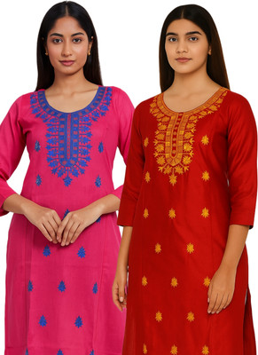 Badry Fashion Women Embroidered Straight Kurta(Pink, Red)
