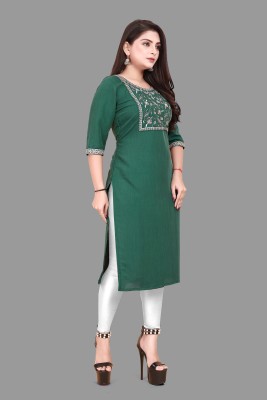 KURTIFABRIC Women Embroidered A-line Kurta(Green)