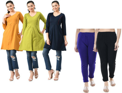 IndiWeaves Women Solid Straight Kurta(Light Green, Yellow, Dark Blue)