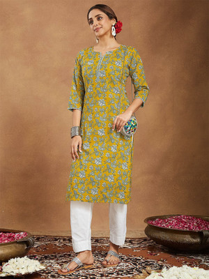 Janasya Women Floral Print Straight Kurta(Yellow)