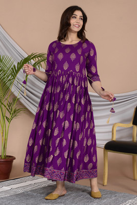 Gujari Women Printed Anarkali Kurta(Pink)