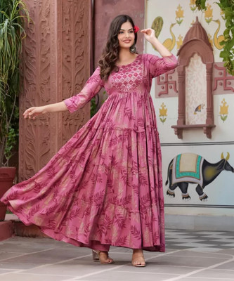 Valmo Women Printed Flared Kurta(Maroon)