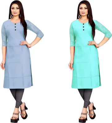 HOFC Women Solid Straight Kurta(Grey, Blue)