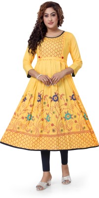 MK Fashion Hub Women Block Print Anarkali Kurta(Yellow)