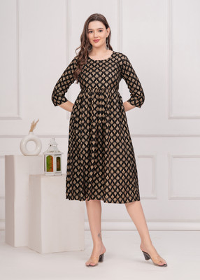 MF ERA Women Block Print A-line Kurta(Black)