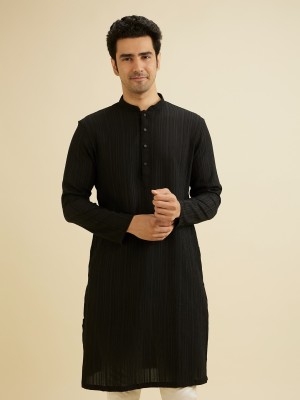 MANYAVAR Men Self Design Straight Kurta(Black)