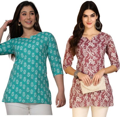 I N ENTERPRISES Women Floral Print Straight Kurta(Green, Brown)