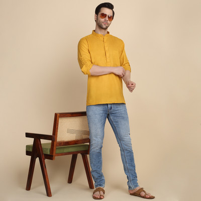 kraft india Men Solid Straight Kurta(Yellow)