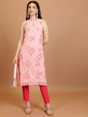 Vishudh Women Printed Straight Kurta(Pink)