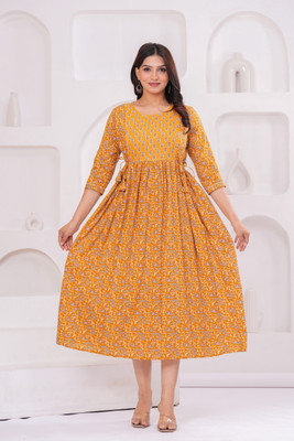 TREADMO Women Printed Anarkali Kurta(Yellow)