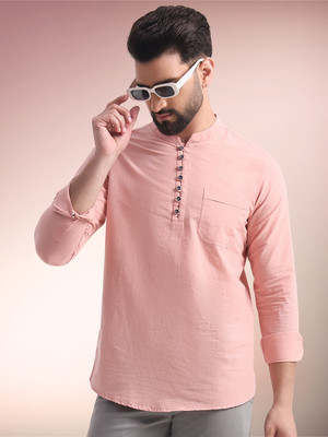 ENSPYR Men Solid Straight Kurta(Pink)