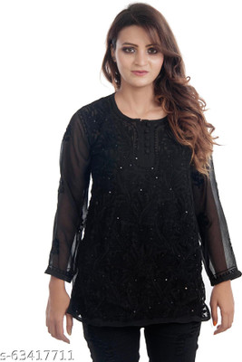 LucknowiPoshak Women Embroidered Straight Kurta(Black)