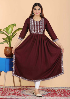 SHREE BDREE Women Solid Flared Kurta(Maroon, White)