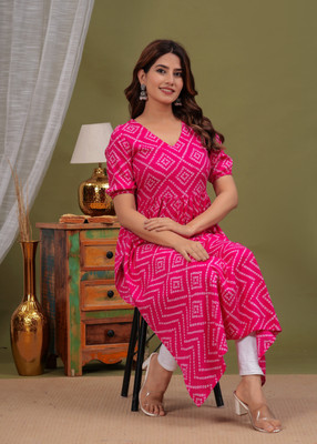 Laxmi Fab Tex Women Printed Flared Kurta(Pink)