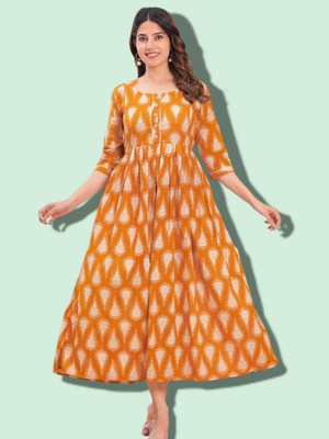 Gora Laxmi Women Printed Anarkali Kurta(Yellow)