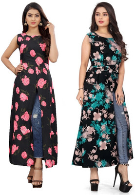 tanvi creation Women Floral Print Frontslit Kurta(Blue)