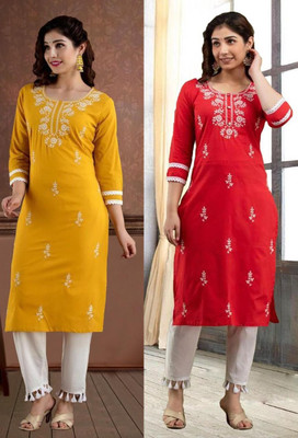 vikshi Women Chikan Embroidery Straight Kurta(Multicolor)