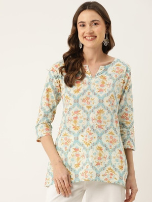 Sa Rasa Women Printed Flared Kurta(Beige)