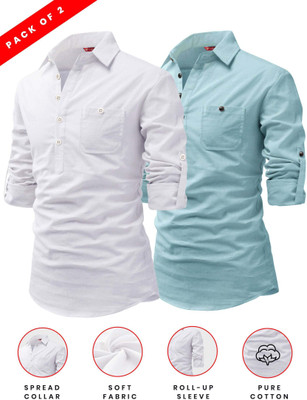 FireFish Men Solid A-line Kurta(Light Blue, White)