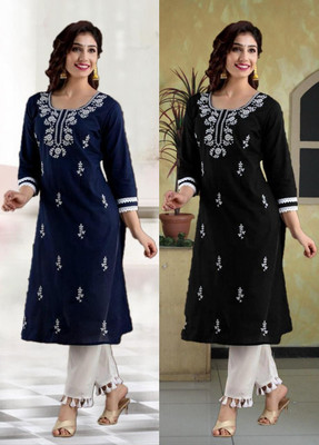 SISTO Women Chikan Embroidery A-line Kurta(Black, Blue)