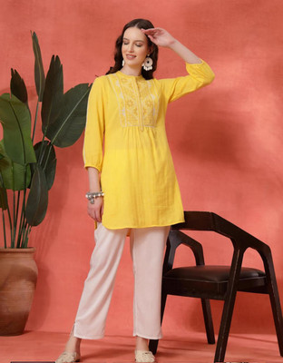 Emica Women Embroidered Straight Kurta(Yellow)