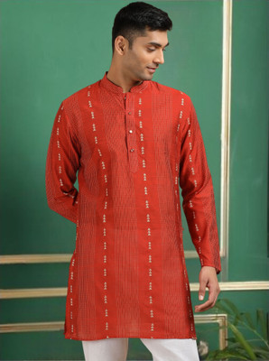 Tattva Men Woven Design Straight Kurta(Red)