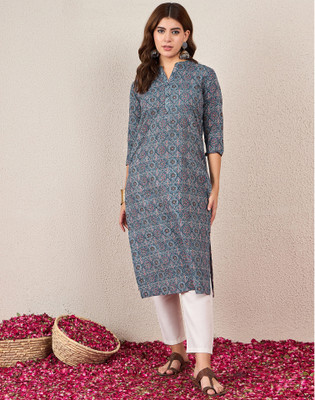 Skylee Women Floral Print, Embellished Straight Kurta(Dark Blue, Multicolor)