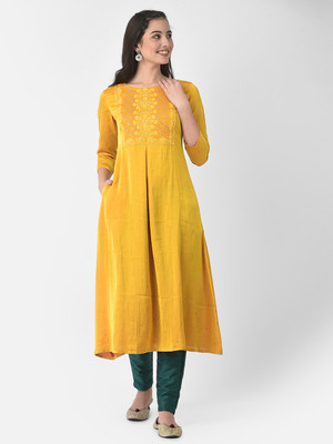 Span Women Self Design A-line Kurta(Yellow)