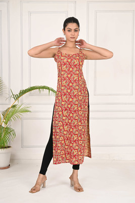 REAM Women Printed Straight Kurta(Black, Red)