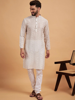 House of Pataudi Men Embroidered Straight Kurta(Beige)