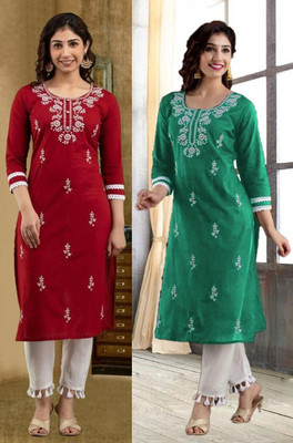 SISTO Women Embroidered Straight Kurta(Green, Red)