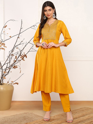 AHIKA Women Embroidered A-line Kurta(Yellow)