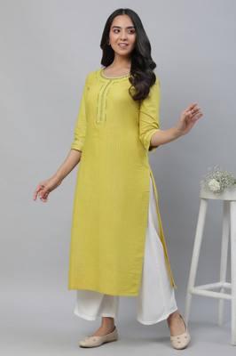Aurelia Women Self Design Straight Kurta(Yellow)